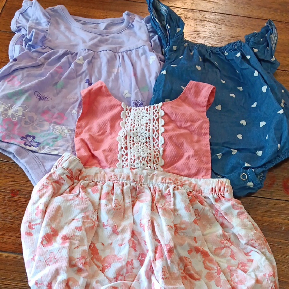Set of Three Baby Rompers in Pink, Blue, and Purple